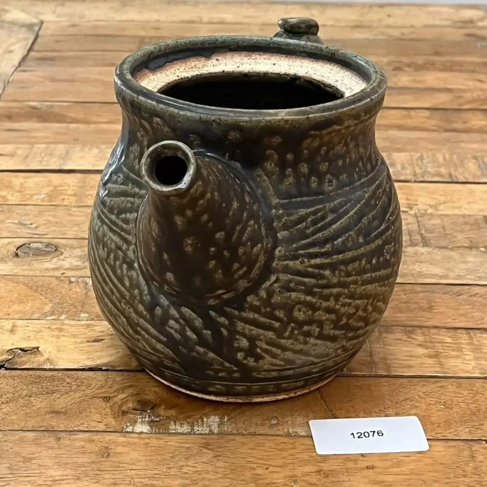 Handmade Stoneware Pottery Teapot Dark Green Textured Finish Artist Signed